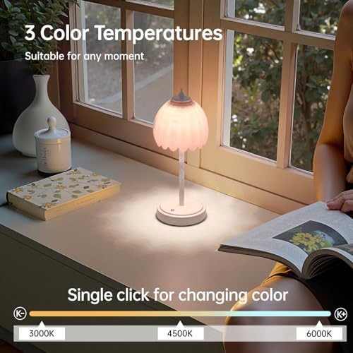 Shenmoyl Rechargeable Table Lamp with 5200mAh Battery & Touch Control - 3 Adjustable Color Temperatures, Cordless Dimmable Table Light for Bedroom, Office Desk, Nightstand(Creamy Pink, 1 Pack
