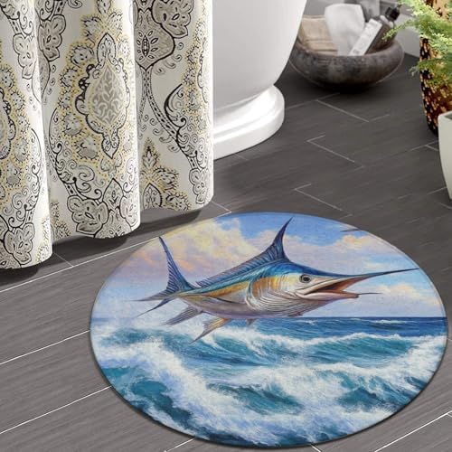Room Sofa Yoga Soft Round Carpet, Home Decor Non Slip Kitchen Office Circle Rug, Machine Washable Modern Round Area Rug Whimsical Fish Painting, 24inch