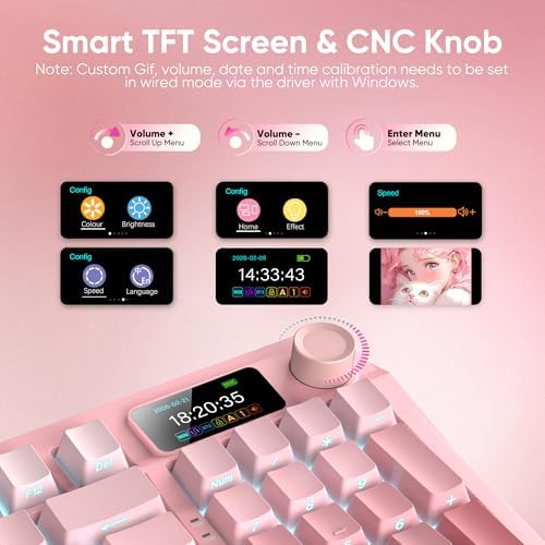 RedThunder K95 Wireless Mechanical Keyboard, TFT Screen & Knob, Triple-Mode, Custom Gasket Mount Hot-Swap, Pre-lubed Linear Pink Switches, RGB Backlit, Side-Printed PBT Keycaps, Gradient Sakura Pink