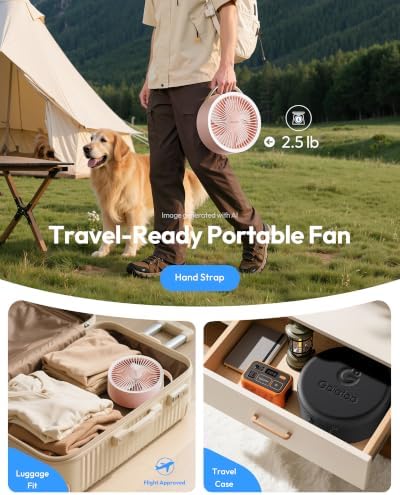 Gaiatop Portable Pedestal Fan 16000mAh Battery [Max 74h Runtime], Foldable Oscillating Standing Fan, Collapsible Desk Fans, LED Light, Case & Remote Control, 4 Speeds for Outdoor Travel Camping (Pink)
