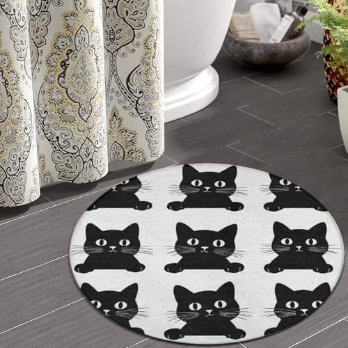 Soft Round Yoga Carpet, Large Home Decor Mat, Non Slip Machine Washable Kitchen Office Circle Rug Black Cat