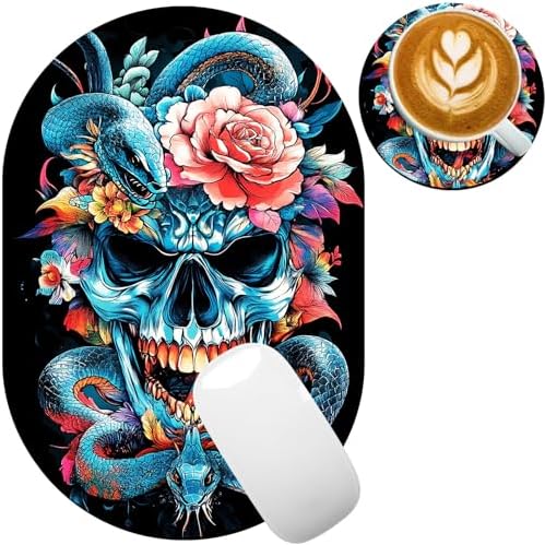 Small Mouse pad,Portable,Waterproof Non-Slip Rubber Bottom,Suitable for Wireless Mouse,Laptop Keyboard Tray for Both Men and Women,Office Travel 7.1x10.6in,Colorful Skull with Snake and Rose