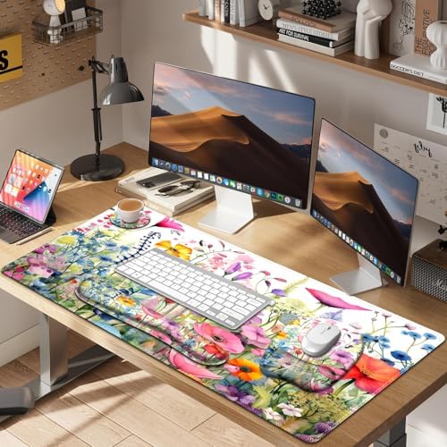 Large Mouse Pad with Wrist Support 4in1 Set, XXL Game Mousepad +Keyboard Wrist Rest+Mouse Wrist Rest+Coaster Ergonomic Design Gaming Mat for Home Office Table Computer I Gorgeous Rose Plants