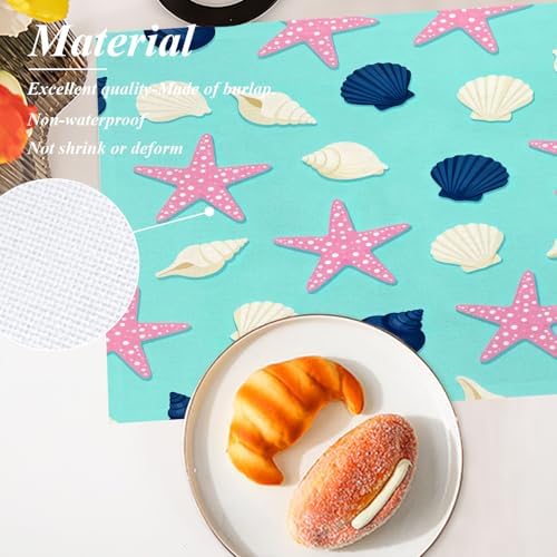 Shrahala Coastal Nautical Set of 8 12 X 18 Inch Linen Placemats, Repeat Pattern Seashells Red Burlap Table Mat Washable Double Layered Heat Insulation for Indoor/Outdoor
