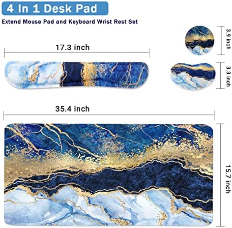 4-in-1 Large Gaming Mouse Pad, Keyboard Wrist Rest Pad & Wrist Support Mousepad Set, Extended Desk Pad Waterproof Desk Mat for Home Office Study Game - Blue Gold Marble