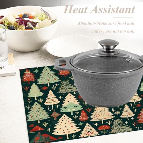 Shrahala Christmas New Year Placemats, Christmas Tree Cartoon Green Background Table Mat Linen Burlap Washable Double-Deck Heat Insulation for Dining Table Kitchen Table Set of 4 (12 x 18 inch)