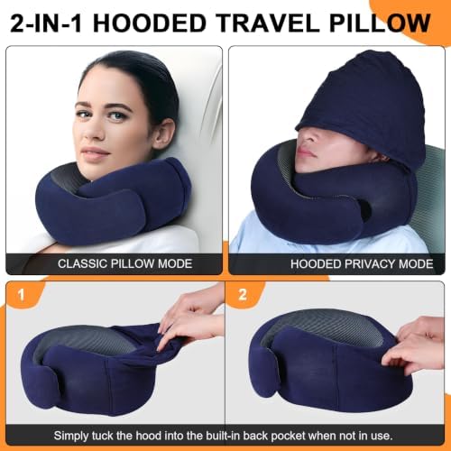 Travel Pillow - Hooded Neck Pillow Airplane Memory Foam Filling