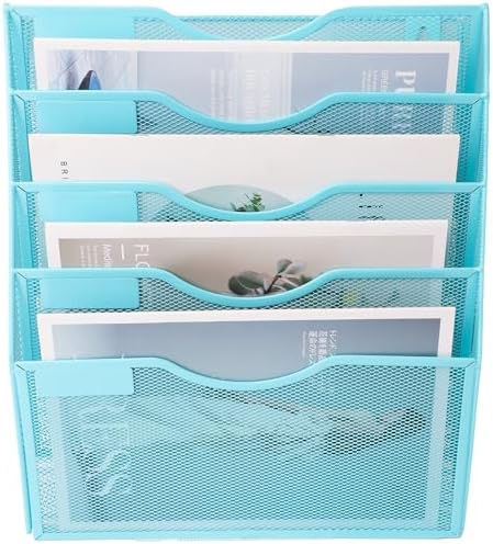 EASEPRES 5 Pocket Mesh Hanging Wall File Organizer, Wall Mounted Mail Paper Document Folder Holder, Clipboard Storage Organization Magazine Rack with Nametag Label for Office Home School, Blue