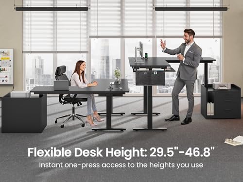 SEDETA L Shaped Standing Desk with File Cabinet, 3 Drawers, Power Outlet