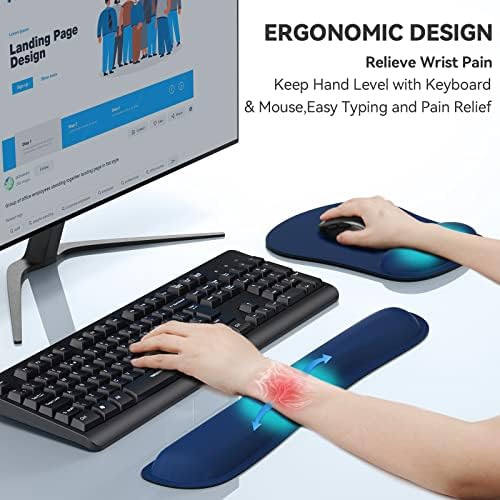 TECKNET Keyboard Wrist Rest and Mouse Pad with Wrist Support, Memory Foam Set for Computer/Laptop/Mac, Lightweight for Easy Typing & Pain Relief Ergonomic Mousepad,Blue