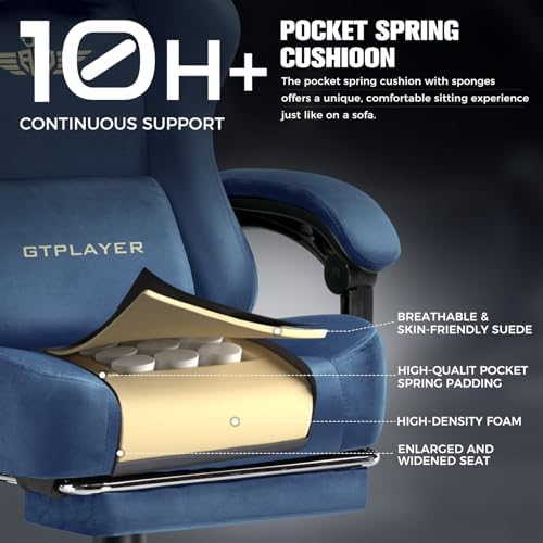 GTPLAYER Big and Tall Gaming Chair 400lbs Heavy Duty Office Chair with Foot Rest, High Back Pocket Spring Ergonomic Computer Chair for Adults, Wide Comfy Seated Cushion with Linkage Armrests, Blue