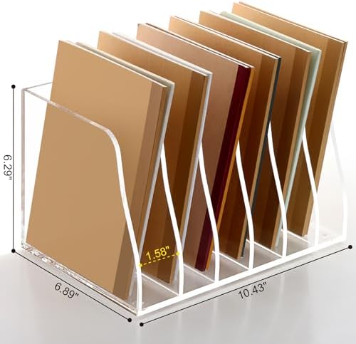 SANRUI Acrylic Magazine File Holder, 6 Vertical Compartments Desk Document Sorter Organizer, Clear Folder Rack Binder Bookstore Workspace Sorters for Office Accessories Organization Storage