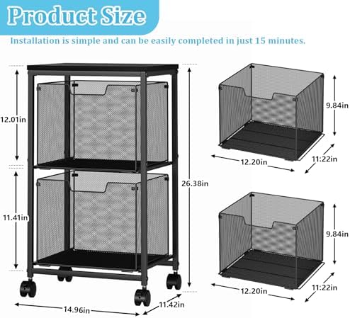 Sbanmao Rolling File Cart with 2 Storage Drawers, Mobile File Cabinet with Wheels, Hanging File Folder Organizer, Under Desk Storage, Printer Stand Utility Cart Filing Cabinet for Home Office,Black