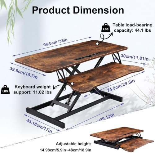 38" Desk Converter, Height Adjustable Sit to Stand Riser