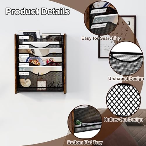 Wall File Organizer,6 Tier Mesh Mail Organizer Wall Mounted,Hanging File Holder,Magazine Rack for Documents,Magazine,Literature,File,Mails,Envelopes