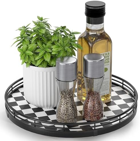AMH 10-Inch Black and White Checkerboard Lazy Susan with Oak Base
