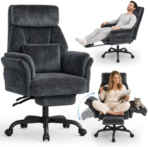 ELABEST C57 Ergonomic Reclining Office Chair with Footrest,Velvet Desk Chairs with 6-Stage Adjustable Wing Armrests for Cross Legged Sitting, Pet-Friendly High Back Lounge Gaming Chair for Home Office