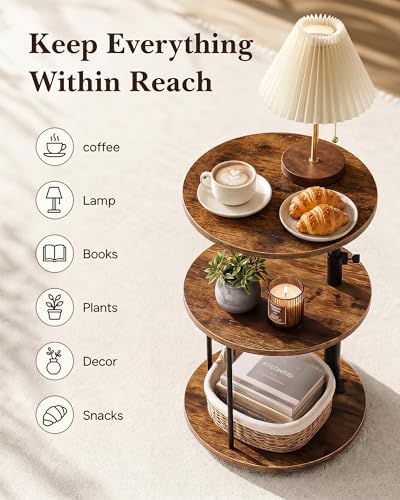 Faesun Swivel Round Table for Couch Arm, Height Adjustable C Shaped End Table for Recliner or Bed, Tv Trays with Storage Shelf for Small Spaces- Small Nightstand for Living Room, Bedroom, Rustic
