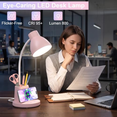 10W Wireless Charging LED Desk Lamp with Pen Holder, CRI 95, Pink