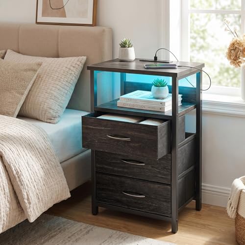 Fixwal Night Stand with 3 Fabric Drawers, Nightstand with Charging Station