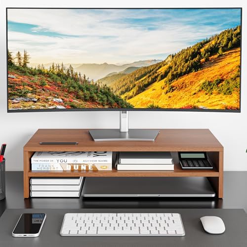 BONTEC Wood Monitor Stand Riser, 2-Tier Desktop Organizer