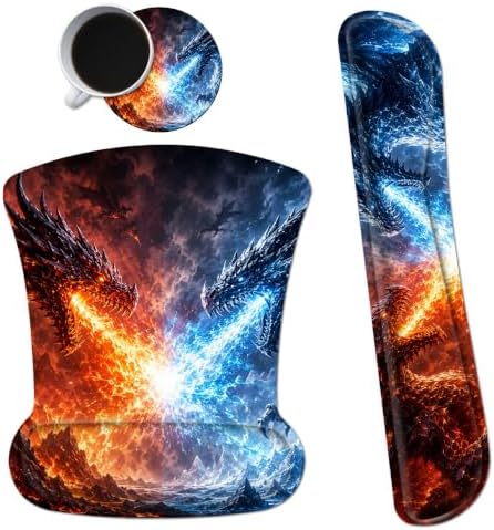 3-in-1 Ergonomic Memory Foam Keyboard Wrist Rest Pad Set, Fire Ice Dragon