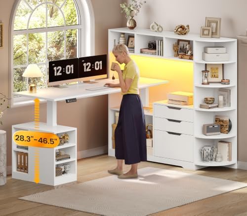 SEDETA 59" L Shaped Standing Desk with 3 Drawers Storage and Bookshelves