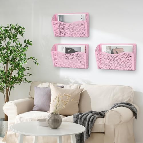EasyPAG 3 Single Wall Mount File Organizer Vertical Metal Wall Pocket File Holder for Office, Home, School, Pink