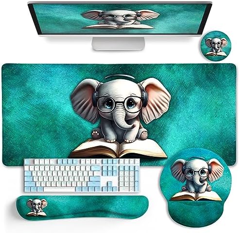 LIMKRIAN Large Desk Mat Set, Mouse Pad with Wrist Rest, Cute Elephant