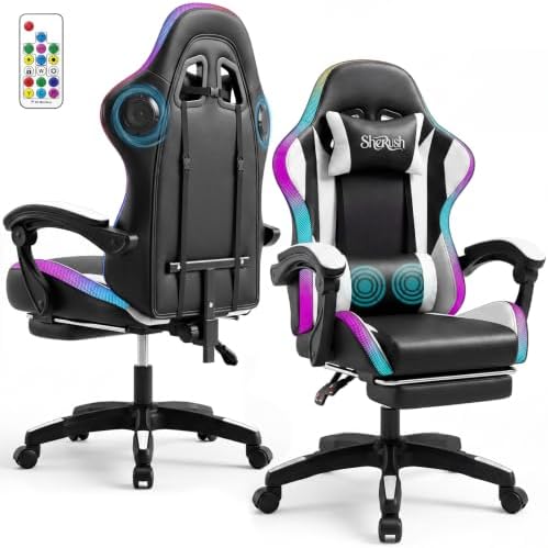 RGB Gaming Chair with Massage & Footrest, Built-in Speakers Chair