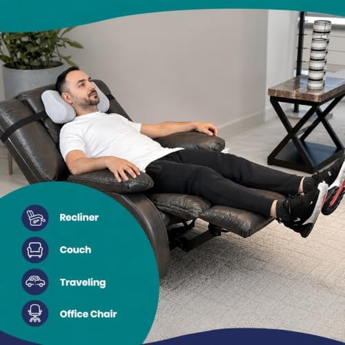 Memory Foam Headrest Pillow for Recliner – B-Shaped Neck Pillow with Stabilizer Strap, Soft Plush Fabric - Ultimate Neck Support and Pain Relief (Slate)