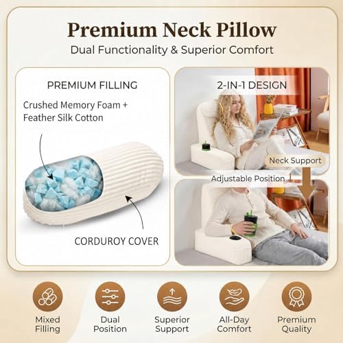 Reading Pillow for Adults, Back Pillow for Bed Sitting Up, Backrest Pillow for Sitting in Bed, Detachable Arms with Built-in Cup & Phone Caddy (Beige-Corduroy, 19 INCH)