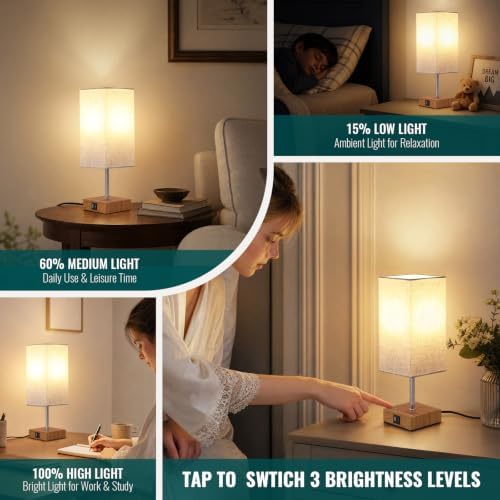 Siljoy Bedside Table Lamp with USB A+C Touch Control Dimmable Bulb Included