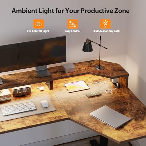Agilestic 63*35 Inch L Shaped Standing Desk with Shelf & Led& Outlet, Brown