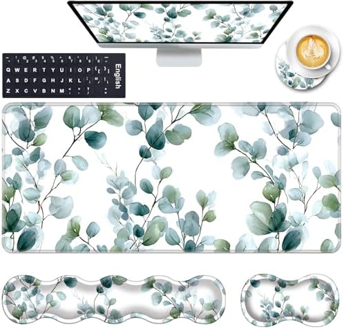 Keyboard Wrist Rest and Mouse Pad with Wrist Support Set Ergonomic Coaster,Memory Foam,Easy Typing Pain Relief,Large XL Desk Mat 31.5"x 11.8",Grass Leaves