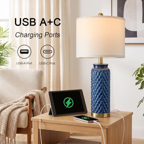 USumkky 25'' Touch Table Lamps for Nightstand Blue Ceramic -3 Way Dimmable