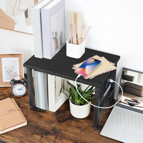 HOOBRO Printer Stand for Desk, Desktop Printer Stand with Charging Station, Small Printer Table with Storage Hook, Under Desk Printer Cart, File Rack for Home Office, Black BB01UPS01