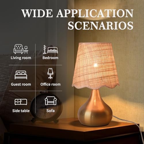 Gold Small Bedside Table Lamp for Bedroom, Brass Gold Mini Table Lamps for Nightstand, Rattan Shade Table Lamps for Small Spaces for Kitchen Counter, Bookshelf, Bedroom, Living Room, Kids Dorm