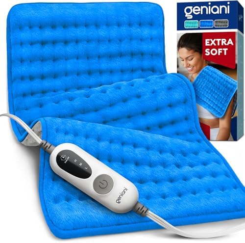 GENIANI Electric Heating Pad for Back Pain & Cramps Relief, Electric Throw, Auto Shut Off, Machine Washable, Moist Heat Pad for Neck & Shoulder, 12x24 Electric Blue