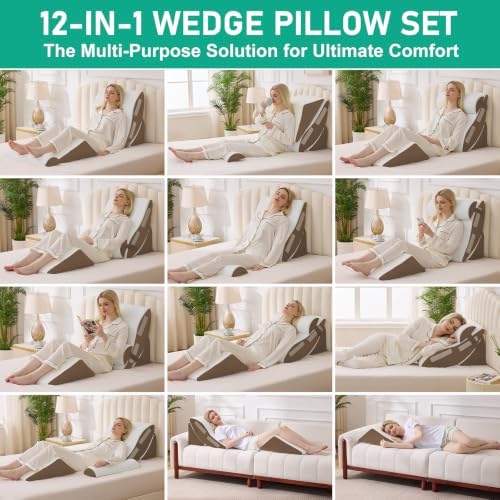 4PCS Wedge Pillow Set for After Surgery, Orthopedic Bed Wedge Pillow for Back Pain Relief, Sitting Up in Bed, Acid Reflux, Adjustable Post Surgery Pillows for GERD, Snoring, White/Brown