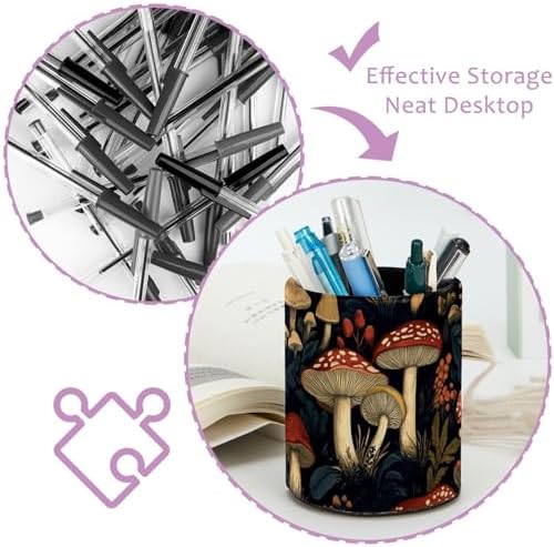 Leather Pen Holder for Desk, Vintage Mushroom Pencil Cup Pen Organizer Makeup Brush Holder for Office Home Kids Countertop Desk Accessory Storage