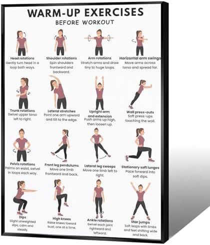 Pre-Workout Warm-Up Exercise Poster, 16 Illustrated Full-Body Prep Movement Chart, Bodyweight Joint Loosening Reference to Prevent Strains Before Home & Gym Fitness Training Sessions(24x36inchs，Black Framed)