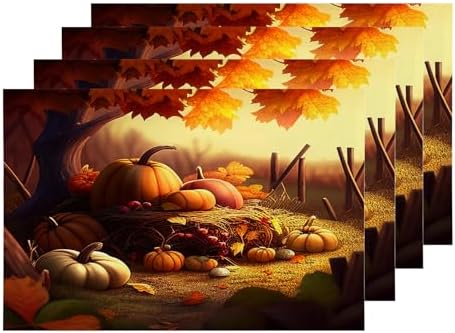 Shrahala Happy Thanksgiving Day Set of 4 12 X 18 Inch Linen Placemats, Pumpkin Harvest Leaves Branches Burlap Table Mat Washable Double Layered Heat Insulation for Indoor/Outdoor