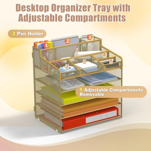 Docnest 5 Tier Mesh Desk Organizer with Letter Tray & Paper Sorter, Gold