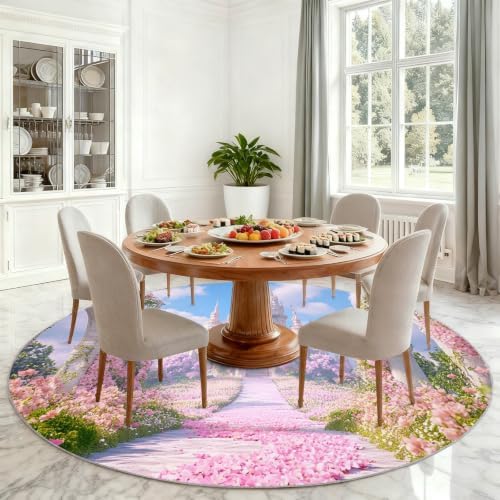 Princess Castle Round Rug - 3ft Washable Floral Castle Round Area Rug for Bathroom, Dreamy Theme Circle Rugs Soft Non-Slip Carpet for Kitchen Bedroom Kids Room Decor Mat