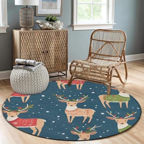 Large Home Decor Mat, Soft Round Yoga Carpet, Non Slip Machine Washable Kitchen Office Circle Rug Christmas Dogs in Sweater