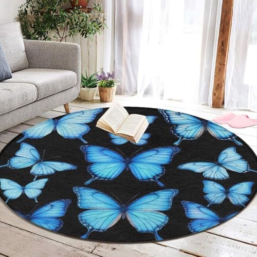 Large Home Decor Mat, Soft Round Yoga Carpet, Non Slip Machine Washable Kitchen Office Circle Rug Butterfly Blue