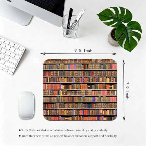 9.5x7.9 Inch Office/Gaming Mouse Pad, Vintage Library Shelf Overflowing with Colorful Books Retro Bookshelf Cute Anti-Slip Mat for Desk