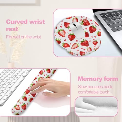 Cute Strawberry Heart Keyboard Wrist Rest Pad Mouse Pad Set,Ergonomic Mousepad Wrist Support Memory Foam Desk Pad for Gaming Office,Non-Slip Rubber Base Easy Typing for Home Office Computers