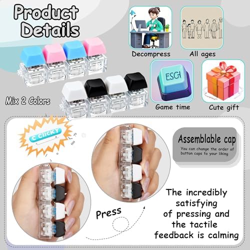 2 PCS Keyboard Fidget Toy, Keyboard Fidget Keychain 4-in-1 Keyboard Decompression Button Finger Clicker Toys, Button Stress Relief Fidget Gifts to Relief Stress (Black White Blue Pink)